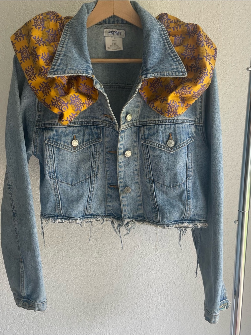 Upcycled Esprit Light Blue Denim Jacket with gold purple tribal Patterned Collar